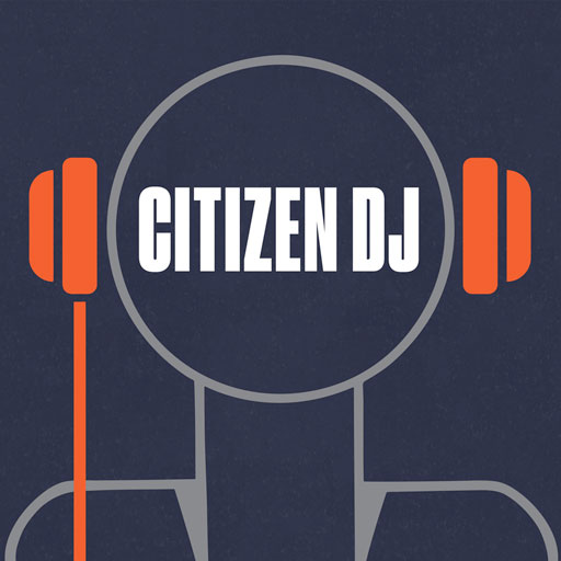 A simple white outline of a head with headphones with Citizen DJ text inside on a navy blue background