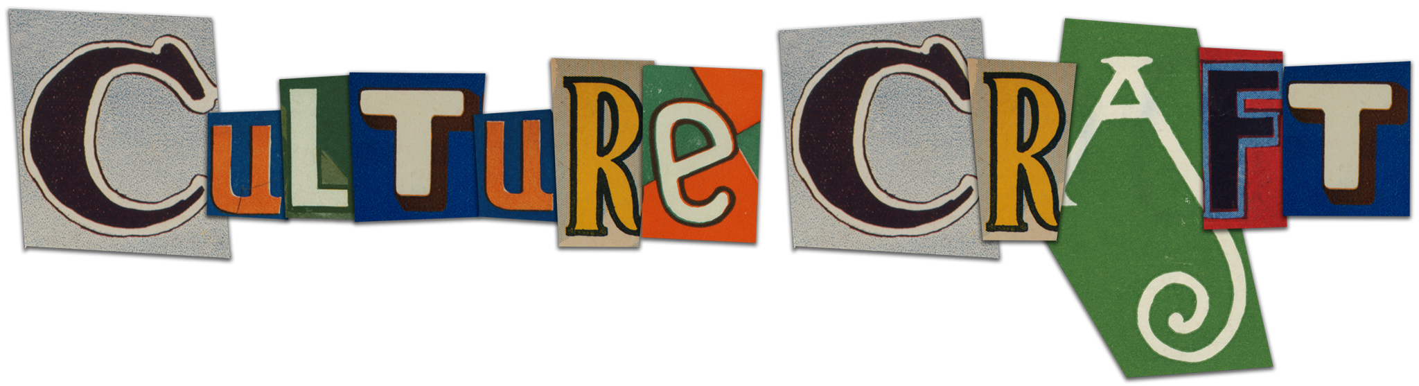 CultureCraft logo where each letter is a cut out from a different reference image of different colors and styles