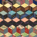 Geometric blocks in an isometric view filled with various colorful patterns