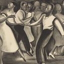 Black and white drawing of people dancing on the street
